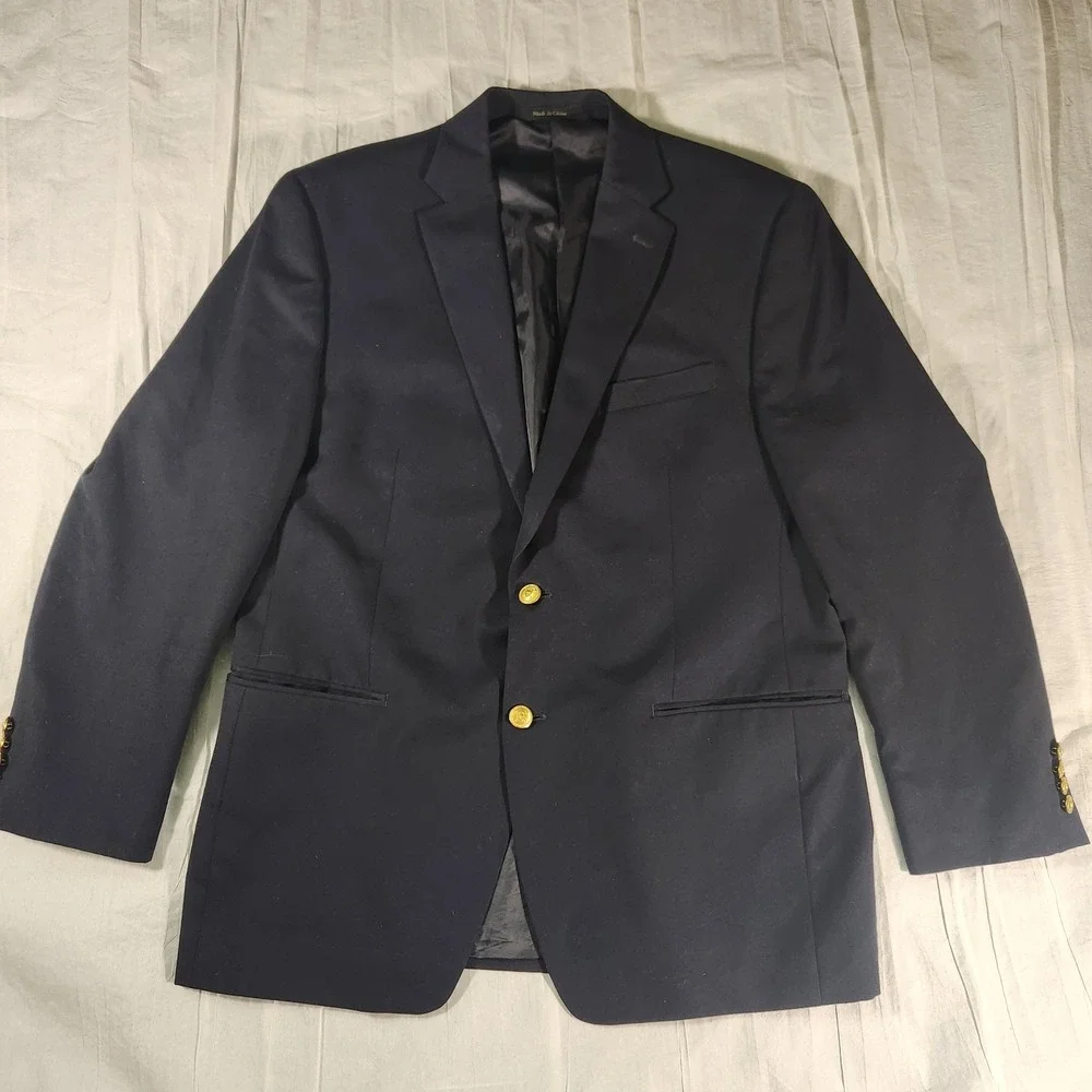 Ralph Lauren Blazer Mens 46R 100% Wool Navy Blue Gold Buttons LRL Jacket